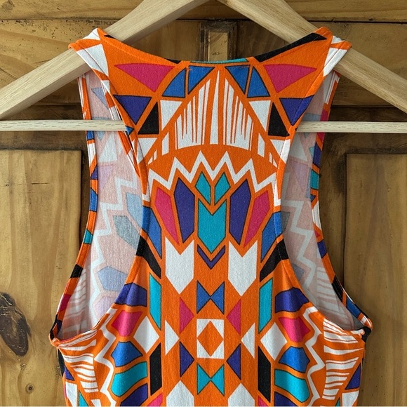 Geometric Aztec Southwestern Long Tank Maxi Dress Orange Blue Turquoise - XS - Picture 8 of 15